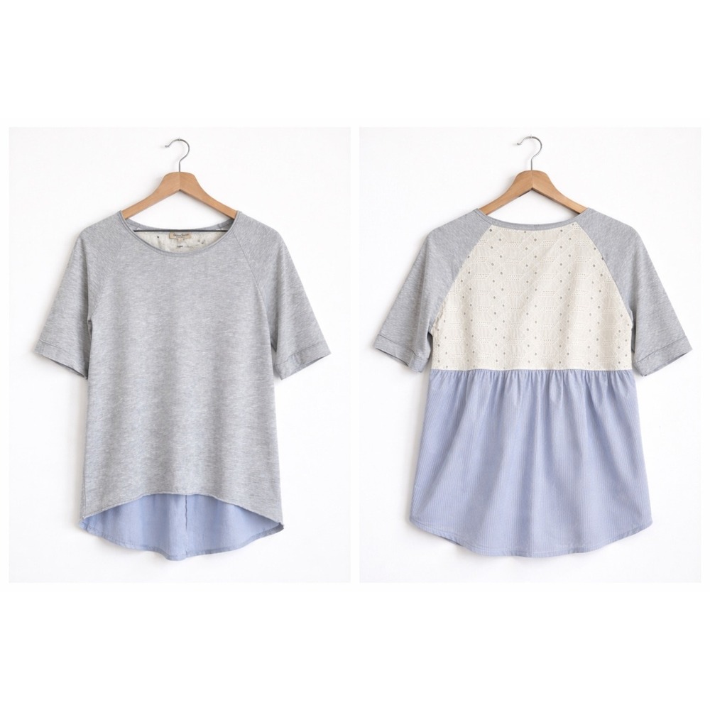 Alessia Pacini Italian Mixed Media Eyelet Back Top Gray Blue Striped Size M